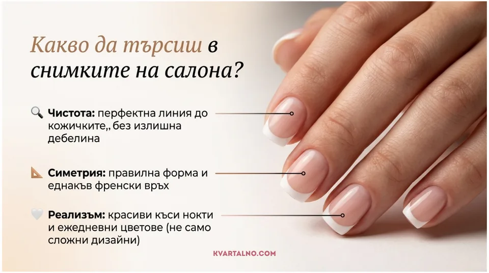 Инфографика какво да гледаме в снимките на салон за гел лак - чиста линия, симетрия и реални къси нокти