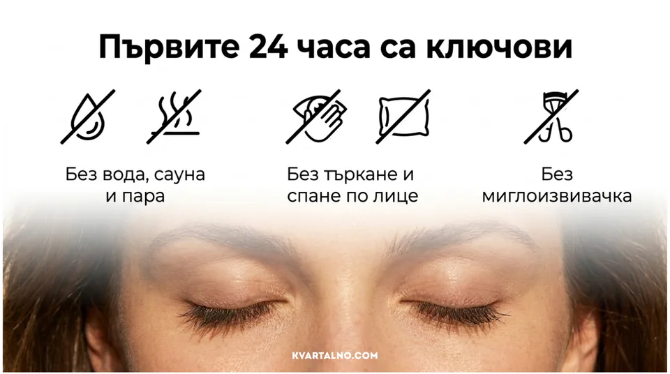 Инфографика за първите 24 часа след ламиниране на мигли