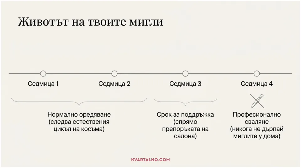 Инфографика за трайност, поддръжка и професионално сваляне на поставени мигли